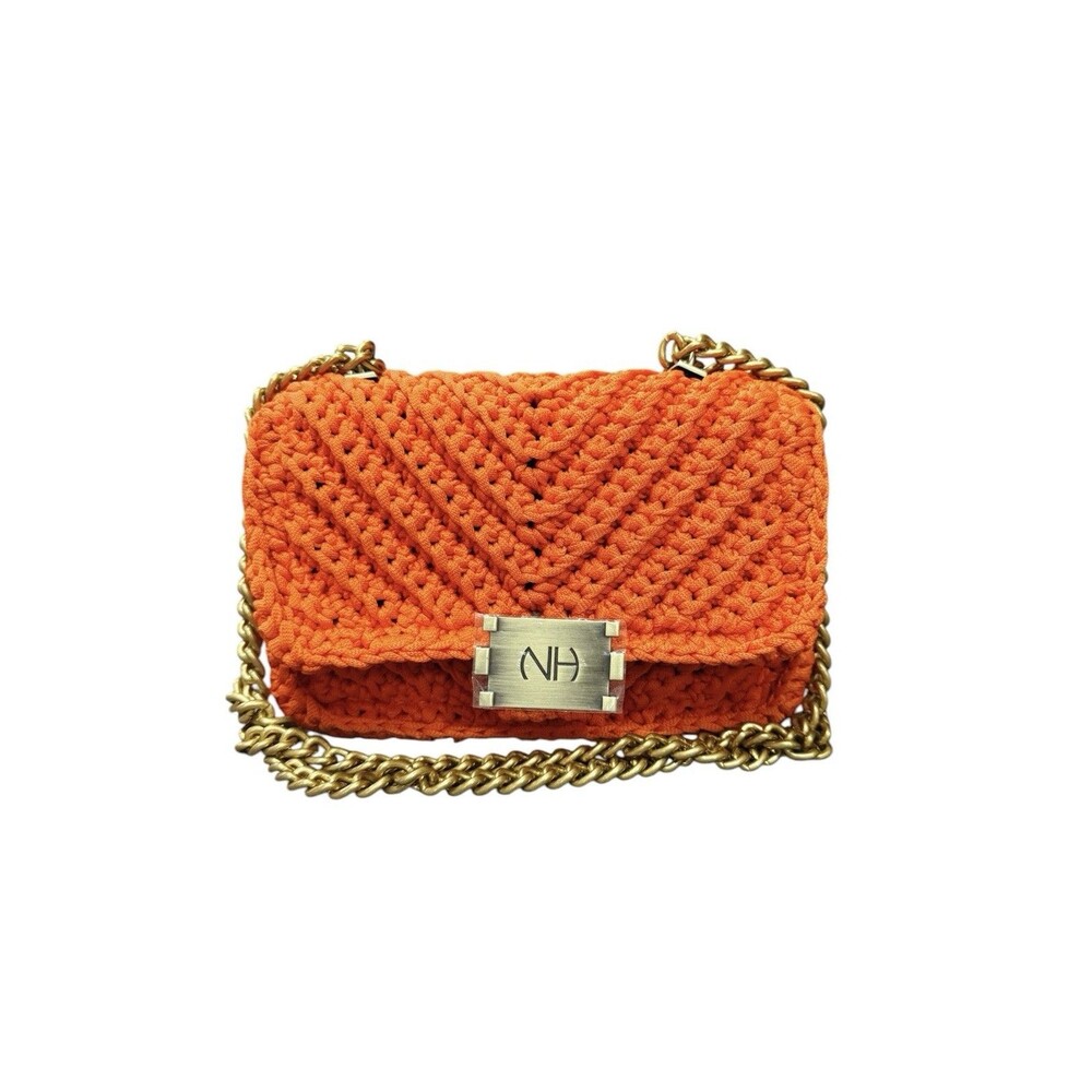 $212 Retail Noam Hazan Orange Crocheted Knitted Double-Mixed Yarn Flap Handbag